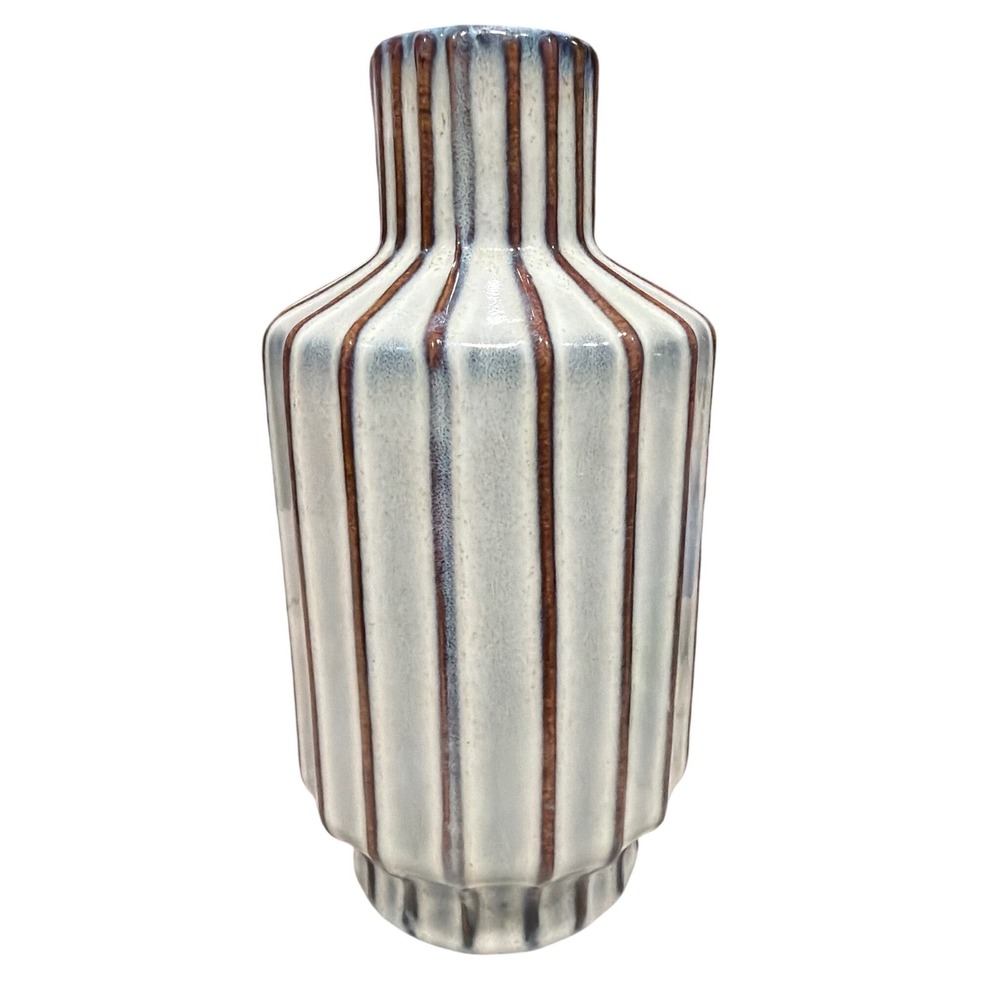 Old East Main Co Ceramic Bud Vase Cream Brown Blue Striped Ribbed Excellent 8in